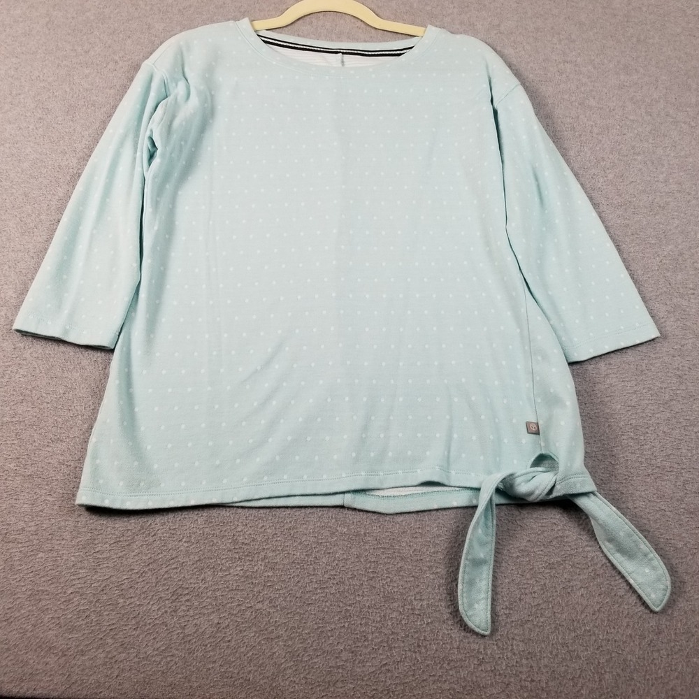 Talbots Top Womens PM Medium Petite Blue White Polka Dot 3/4 Sleeve Stretch Knit